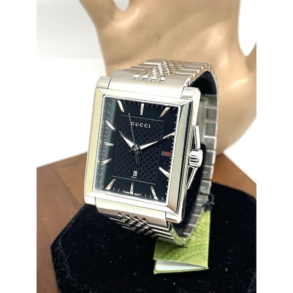Gucci Men's Watch YA138401 G-Timeless Swiss Quartz Black Dial Silver Steel Tank - Picture 1 of 14